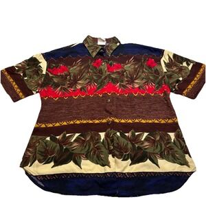 Just For Petites Vintage Tropical Floral Rayon‎ Button Up Shirt Burgundy 8348P